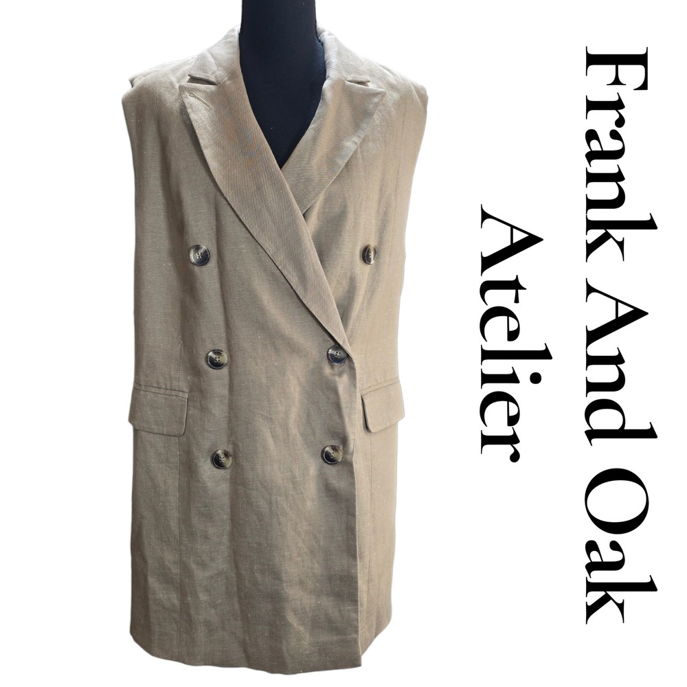Frank And Oak Atelier Vest Women Small Tan Cotton Linen Double Breasted Longline